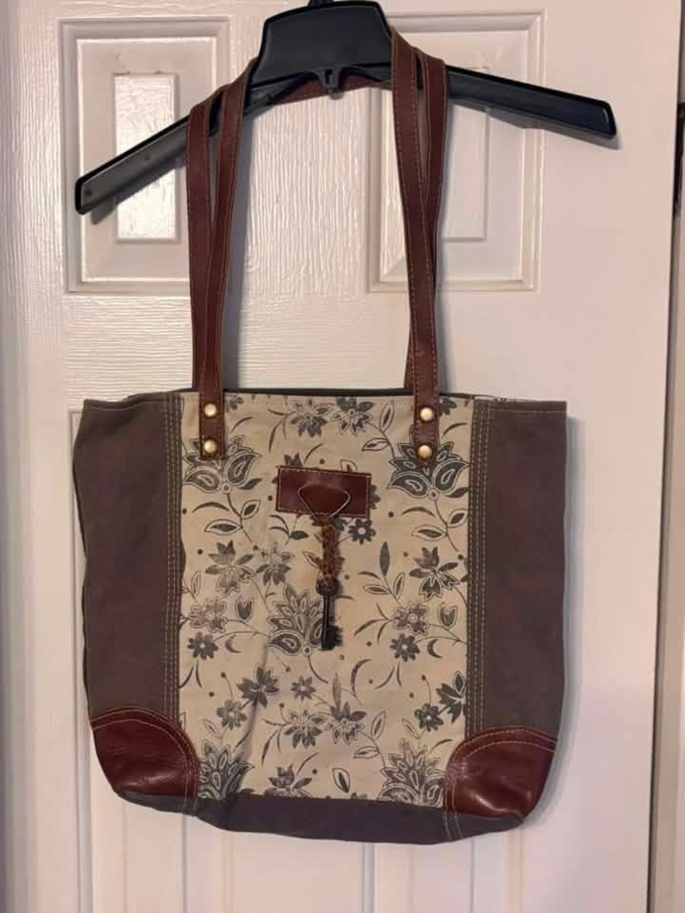 Myra Bag Brown and Cream Floral Canvas Tote with Leather Accents